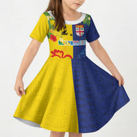 Malampa Fiji Day Kid Short Sleeve Dress Volcano and Coral Reef with Culture Patterns Split Style