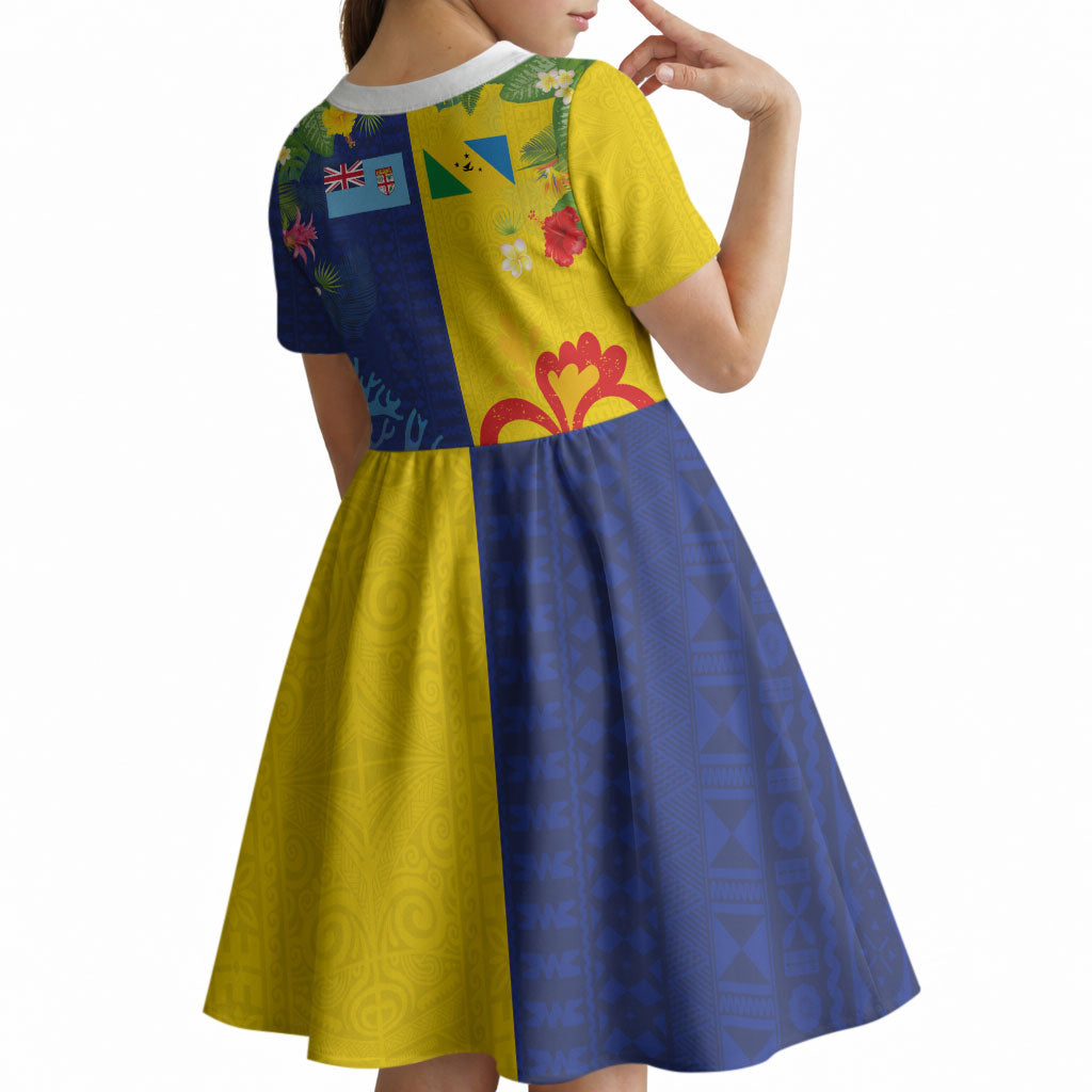 Malampa Fiji Day Kid Short Sleeve Dress Volcano and Coral Reef with Culture Patterns Split Style