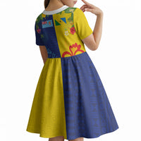 Malampa Fiji Day Kid Short Sleeve Dress Volcano and Coral Reef with Culture Patterns Split Style