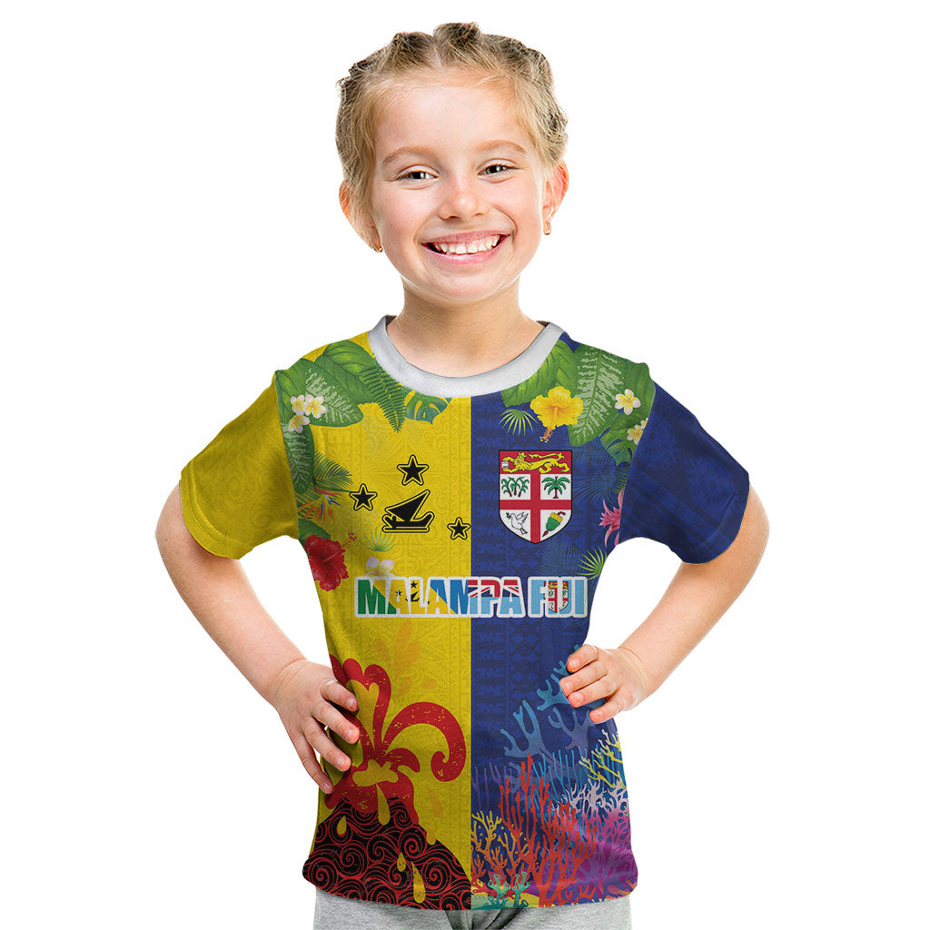 Malampa Fiji Day Kid T Shirt Volcano and Coral Reef with Culture Patterns Split Style