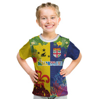 Malampa Fiji Day Kid T Shirt Volcano and Coral Reef with Culture Patterns Split Style