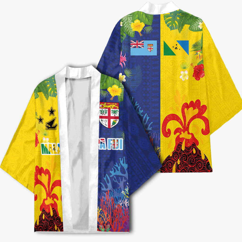Malampa Fiji Day Kimono Volcano and Coral Reef with Culture Patterns Split Style
