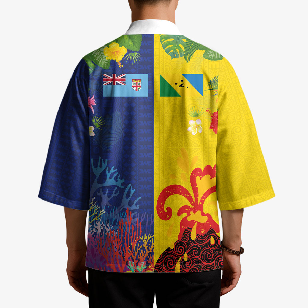 Malampa Fiji Day Kimono Volcano and Coral Reef with Culture Patterns Split Style