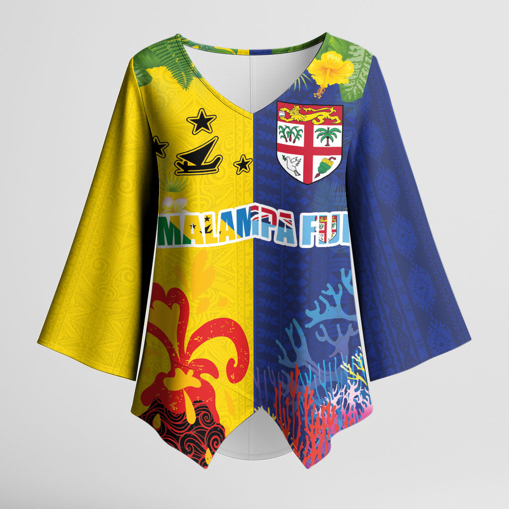 Malampa Fiji Day Kimono Sleeve Blouse Volcano and Coral Reef with Culture Patterns Split Style