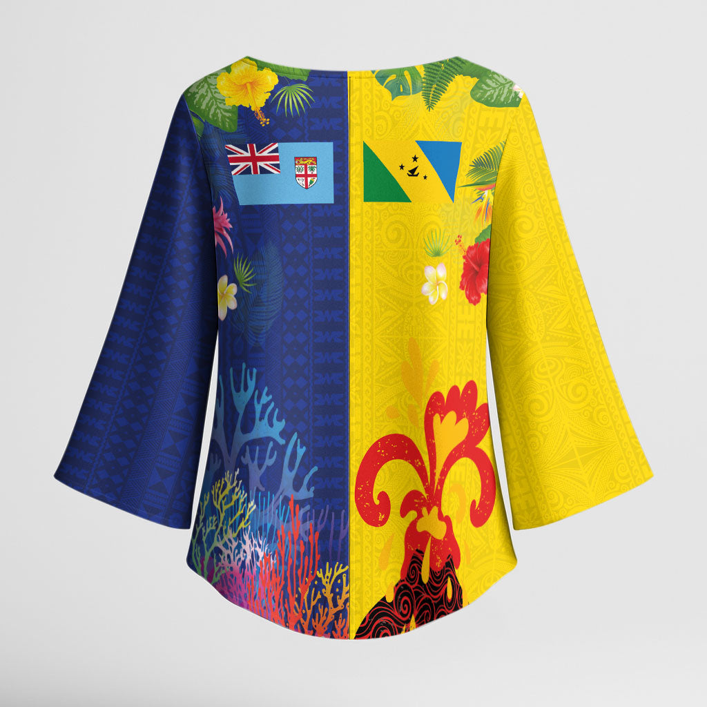Malampa Fiji Day Kimono Sleeve Blouse Volcano and Coral Reef with Culture Patterns Split Style