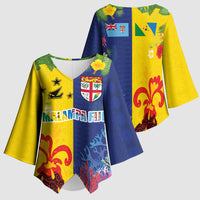 Malampa Fiji Day Kimono Sleeve Blouse Volcano and Coral Reef with Culture Patterns Split Style