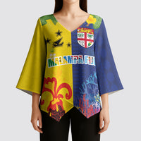 Malampa Fiji Day Kimono Sleeve Blouse Volcano and Coral Reef with Culture Patterns Split Style