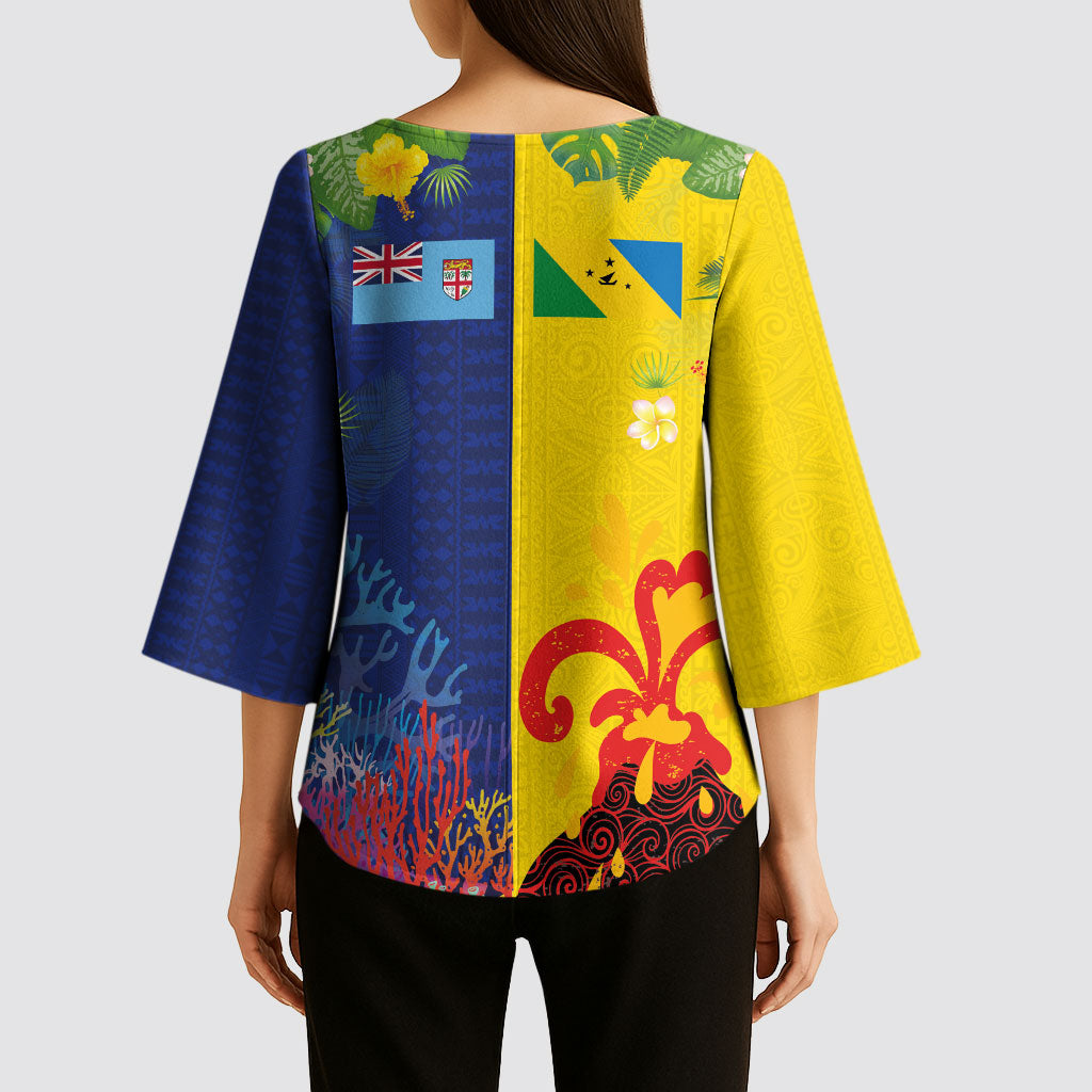 Malampa Fiji Day Kimono Sleeve Blouse Volcano and Coral Reef with Culture Patterns Split Style