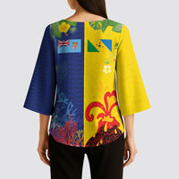 Malampa Fiji Day Kimono Sleeve Blouse Volcano and Coral Reef with Culture Patterns Split Style