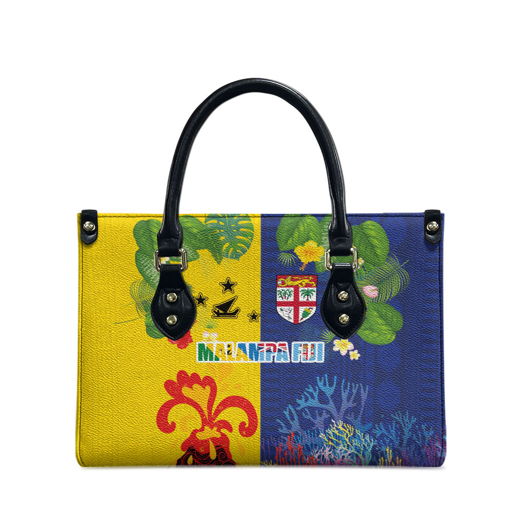 Malampa Fiji Day Leather Bag Volcano and Coral Reef with Culture Patterns Split Style