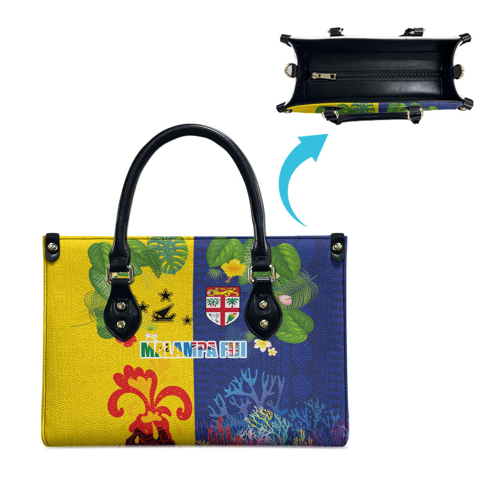 Malampa Fiji Day Leather Bag Volcano and Coral Reef with Culture Patterns Split Style