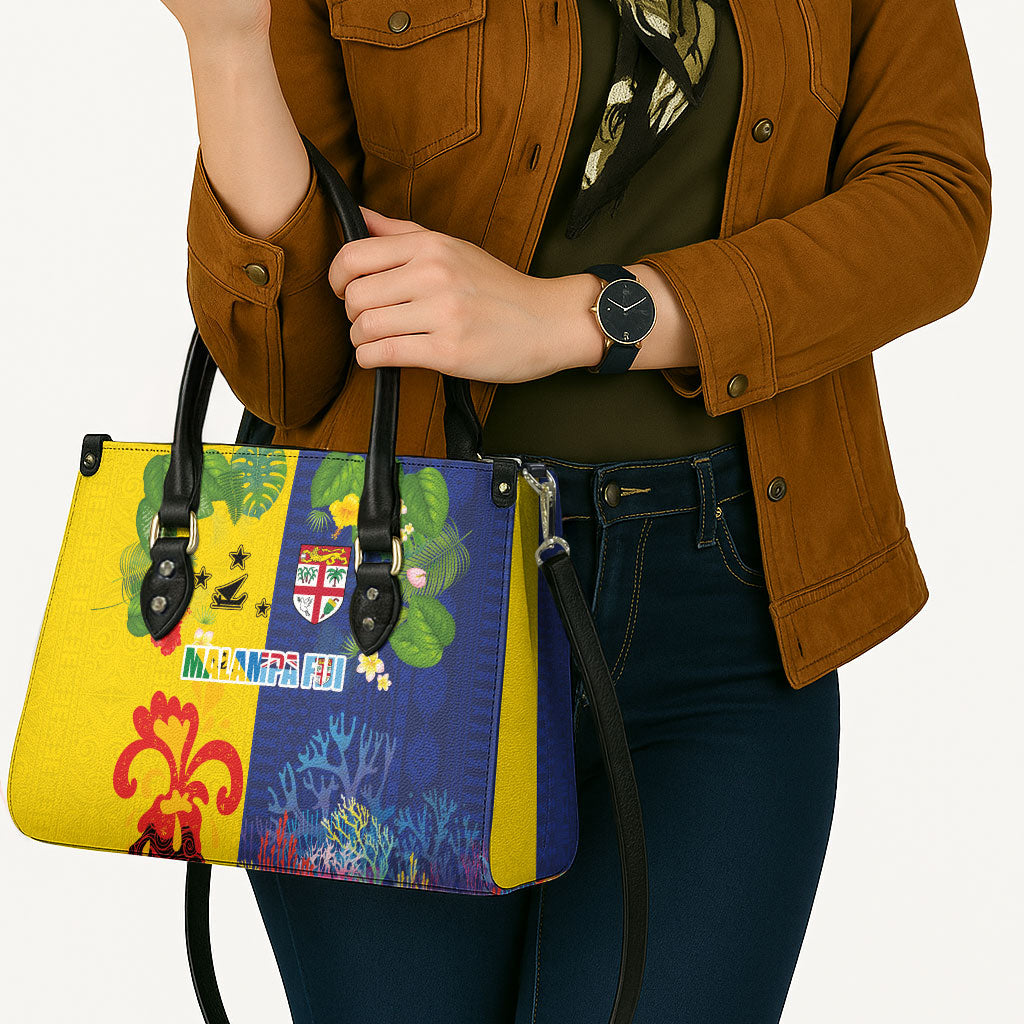 Malampa Fiji Day Leather Bag Volcano and Coral Reef with Culture Patterns Split Style