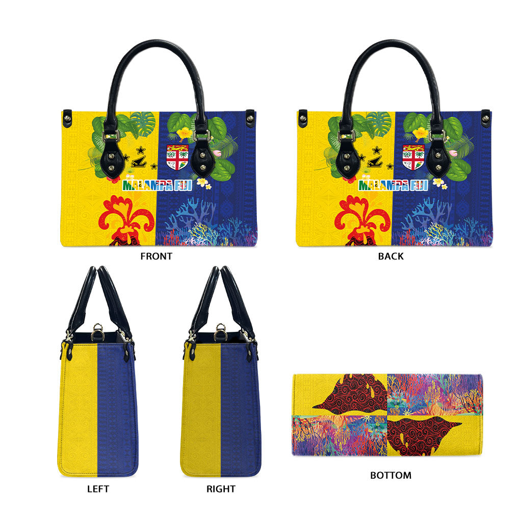 Malampa Fiji Day Leather Bag Volcano and Coral Reef with Culture Patterns Split Style