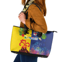 Malampa Fiji Day Leather Tote Bag Volcano and Coral Reef with Culture Patterns Split Style