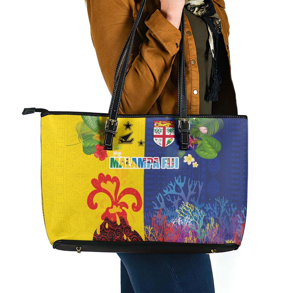 Malampa Fiji Day Leather Tote Bag Volcano and Coral Reef with Culture Patterns Split Style