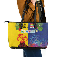 Malampa Fiji Day Leather Tote Bag Volcano and Coral Reef with Culture Patterns Split Style