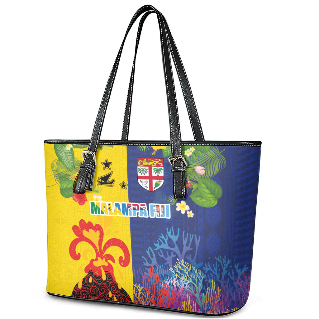 Malampa Fiji Day Leather Tote Bag Volcano and Coral Reef with Culture Patterns Split Style