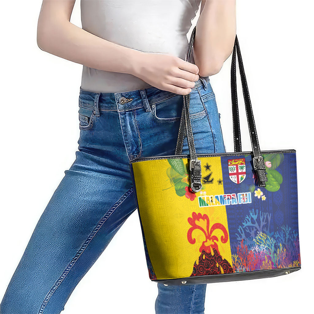 Malampa Fiji Day Leather Tote Bag Volcano and Coral Reef with Culture Patterns Split Style