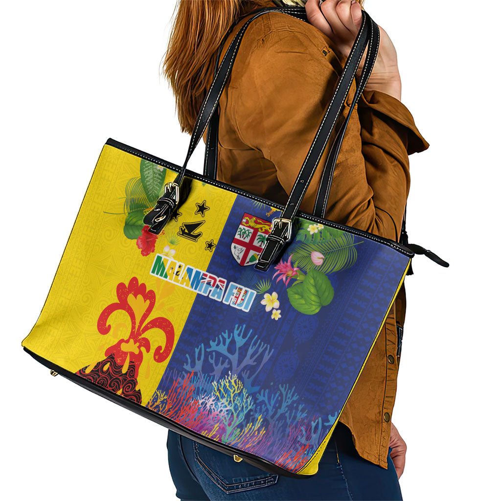 Malampa Fiji Day Leather Tote Bag Volcano and Coral Reef with Culture Patterns Split Style