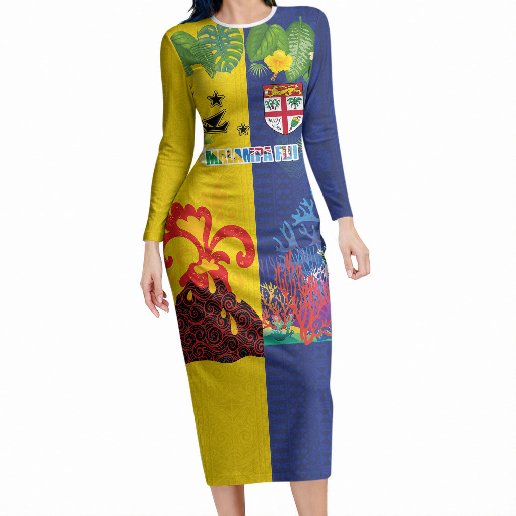 Malampa Fiji Day Long Sleeve Bodycon Dress Volcano and Coral Reef with Culture Patterns Split Style