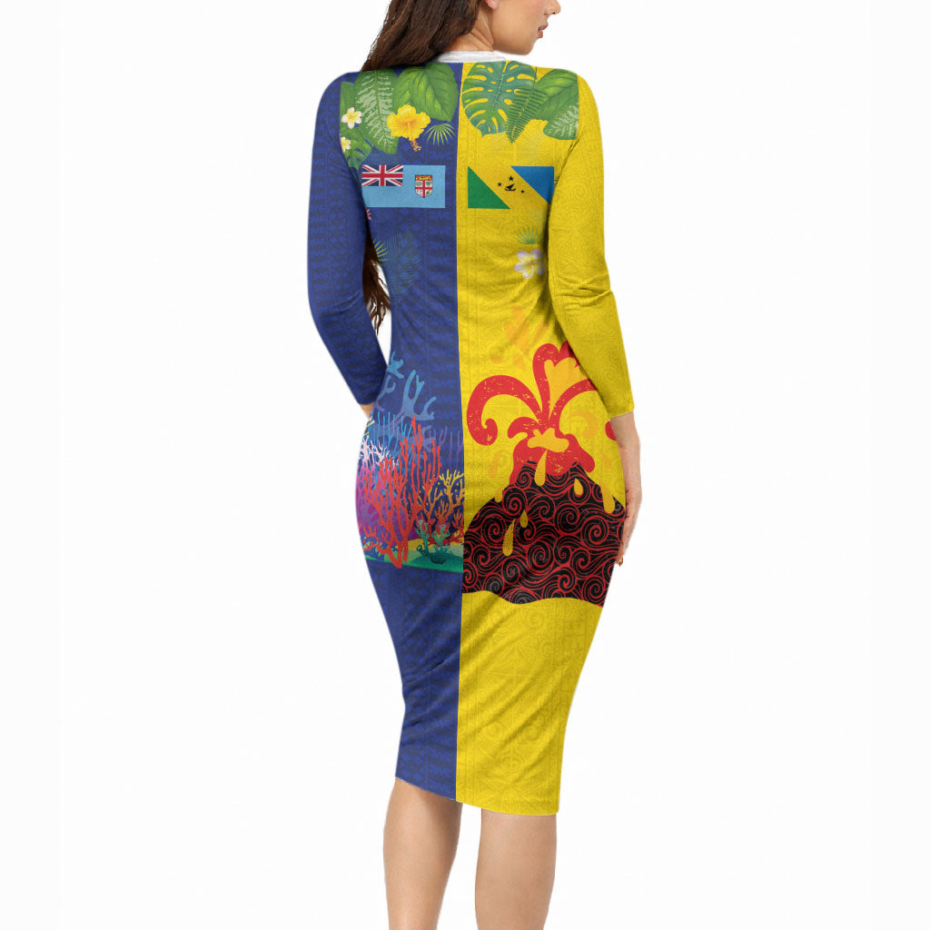 Malampa Fiji Day Long Sleeve Bodycon Dress Volcano and Coral Reef with Culture Patterns Split Style