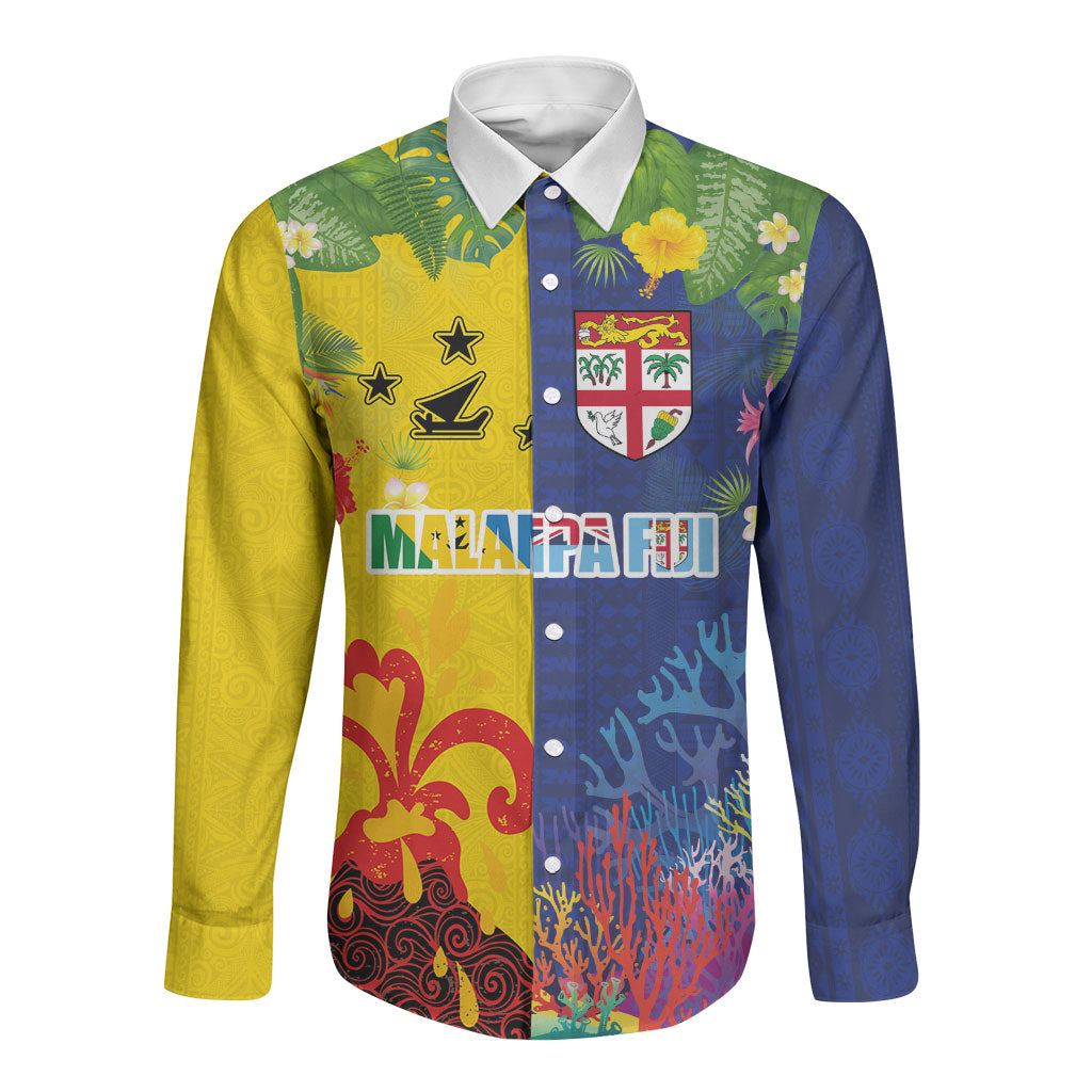 Malampa Fiji Day Long Sleeve Button Shirt Volcano and Coral Reef with Culture Patterns Split Style
