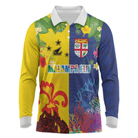 Malampa Fiji Day Long Sleeve Polo Shirt Volcano and Coral Reef with Culture Patterns Split Style