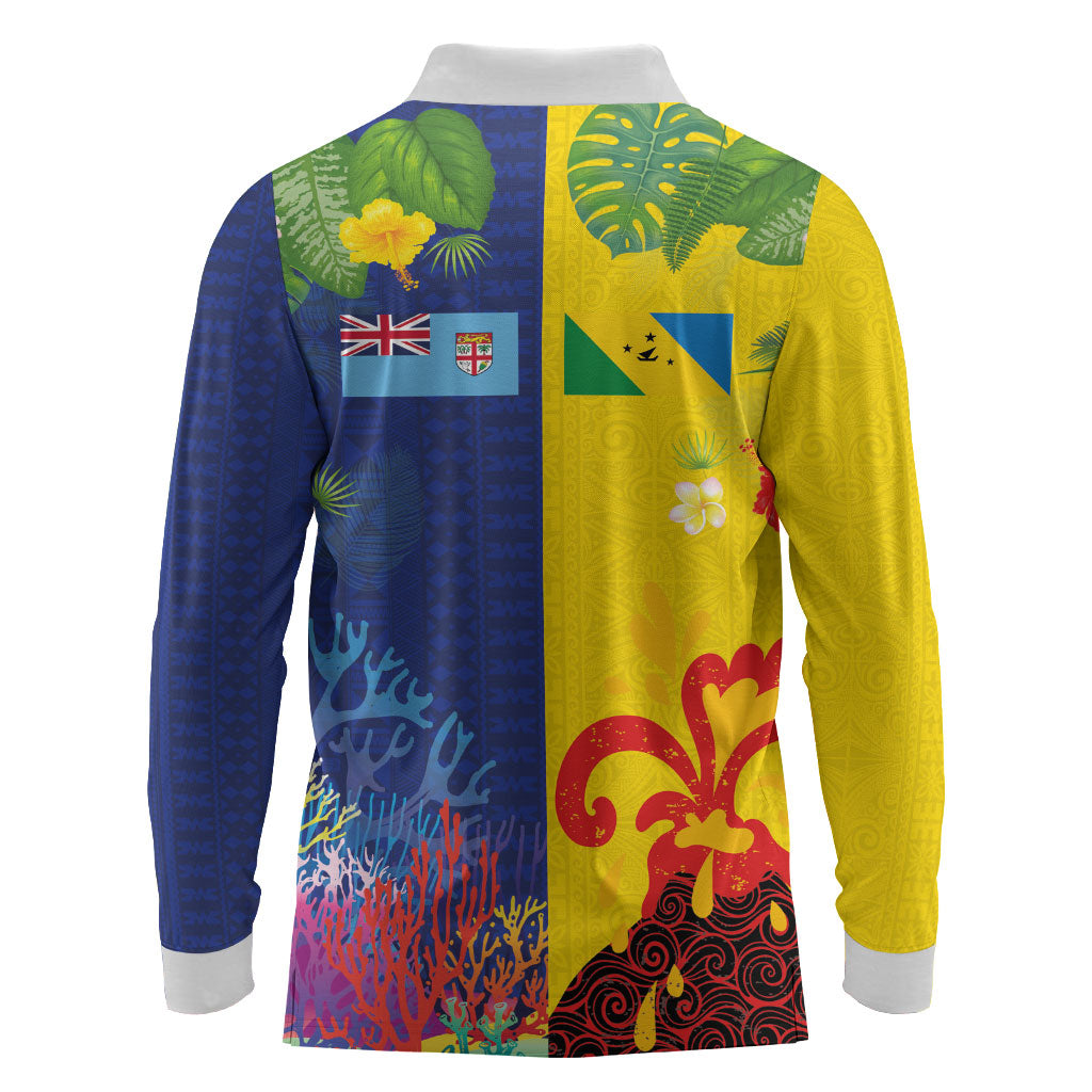 Malampa Fiji Day Long Sleeve Polo Shirt Volcano and Coral Reef with Culture Patterns Split Style