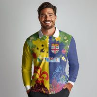 Malampa Fiji Day Long Sleeve Polo Shirt Volcano and Coral Reef with Culture Patterns Split Style