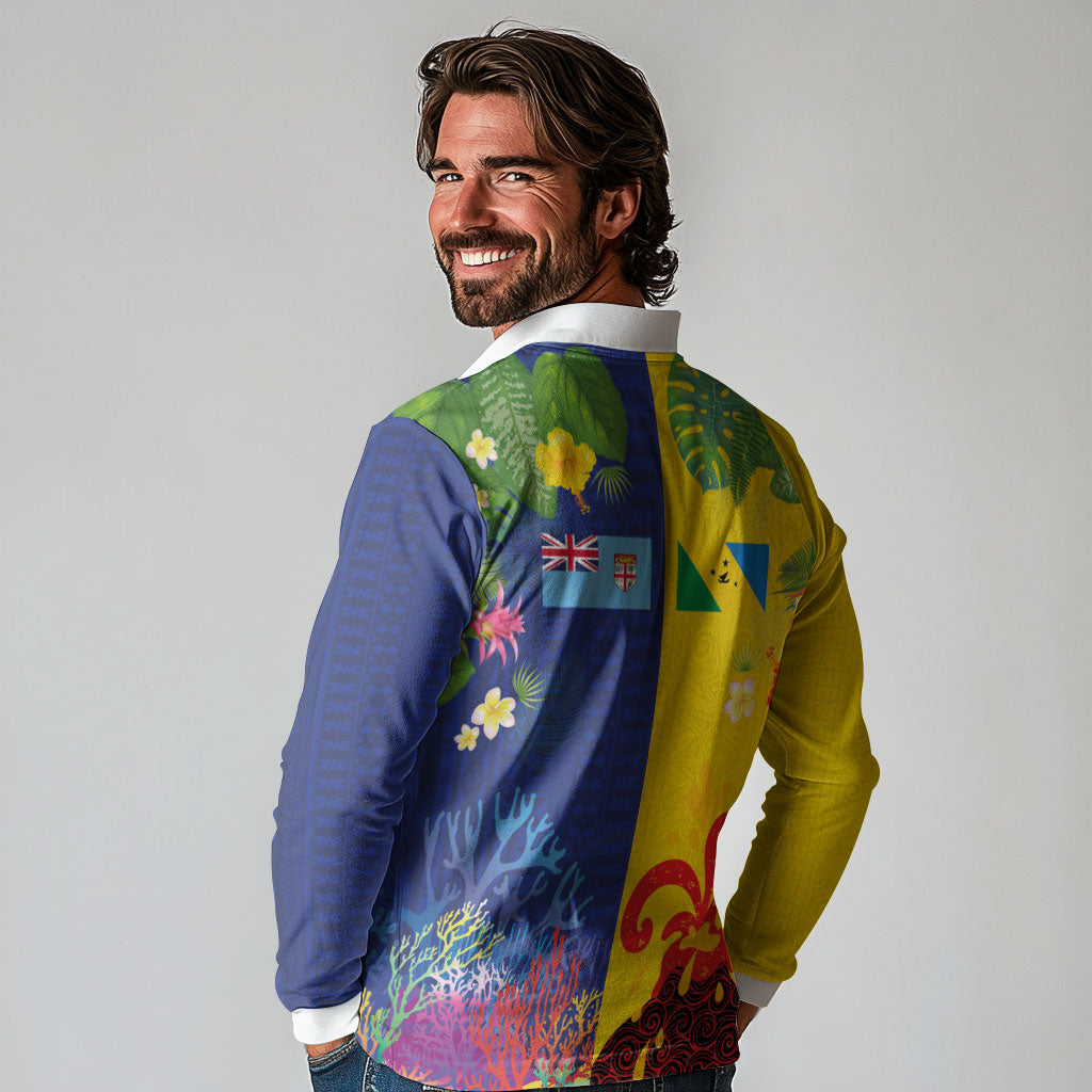 Malampa Fiji Day Long Sleeve Polo Shirt Volcano and Coral Reef with Culture Patterns Split Style