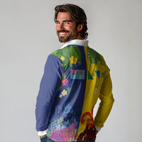 Malampa Fiji Day Long Sleeve Polo Shirt Volcano and Coral Reef with Culture Patterns Split Style