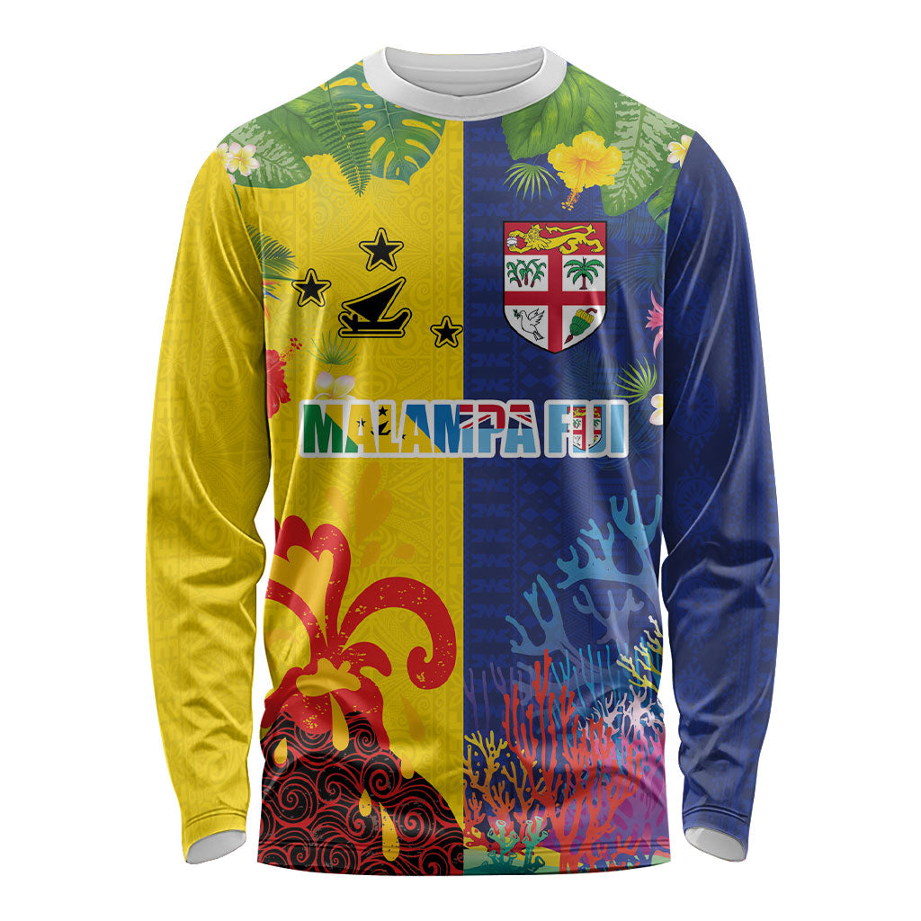 Malampa Fiji Day Long Sleeve Shirt Volcano and Coral Reef with Culture Patterns Split Style