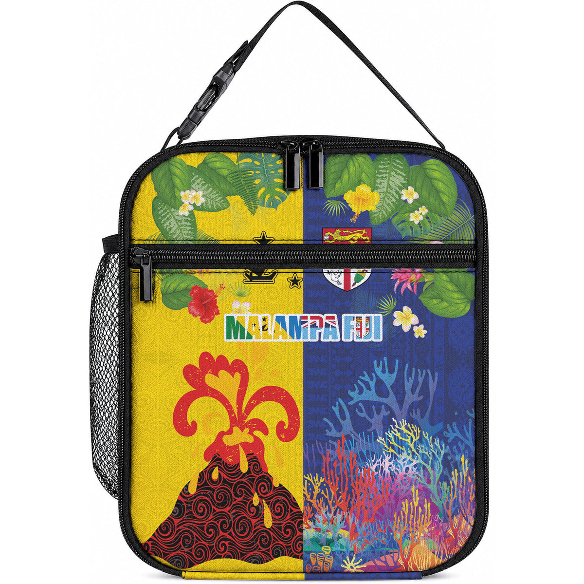Malampa Fiji Day Lunch Bag Volcano and Coral Reef with Culture Patterns Split Style