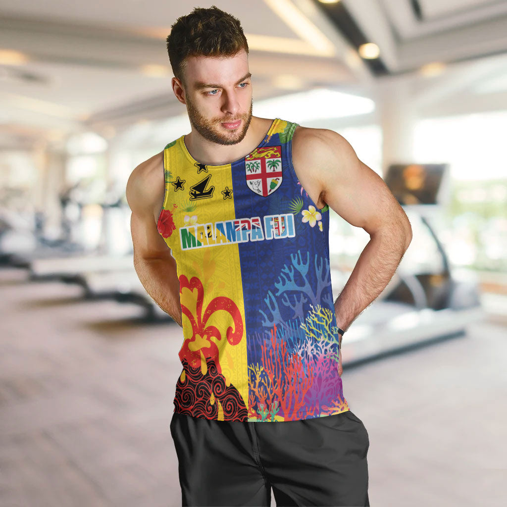 Malampa Fiji Day Men Tank Top Volcano and Coral Reef with Culture Patterns Split Style
