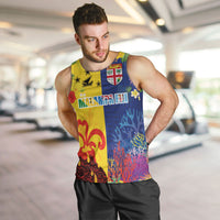 Malampa Fiji Day Men Tank Top Volcano and Coral Reef with Culture Patterns Split Style