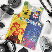 Malampa Fiji Day Men Tank Top Volcano and Coral Reef with Culture Patterns Split Style