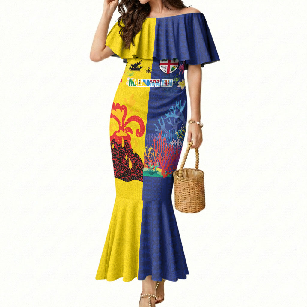 Malampa Fiji Day Mermaid Dress Volcano and Coral Reef with Culture Patterns Split Style