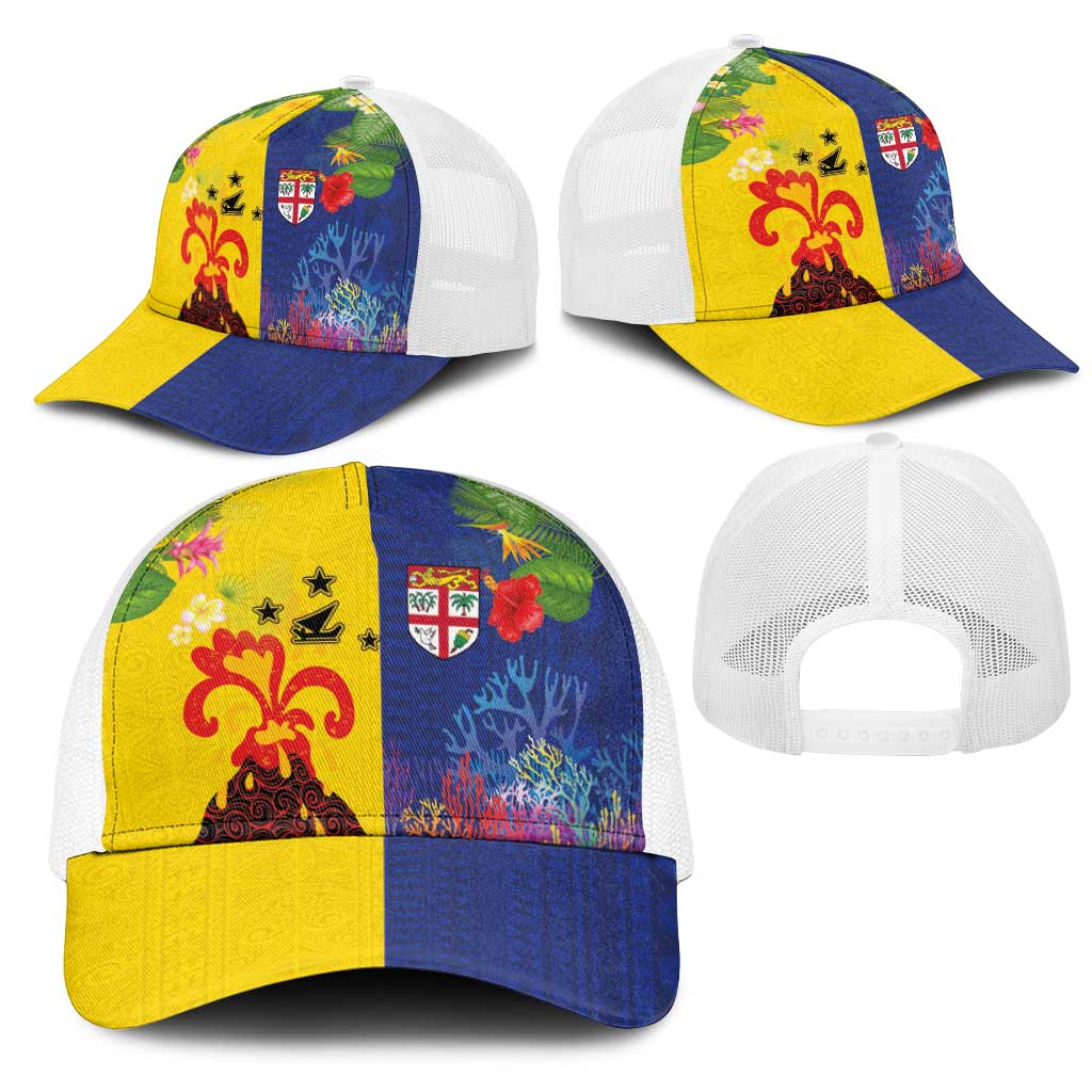 Malampa Fiji Day Mesh Trucker Cap Volcano and Coral Reef with Culture Patterns Split Style