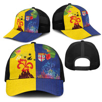 Malampa Fiji Day Mesh Trucker Cap Volcano and Coral Reef with Culture Patterns Split Style