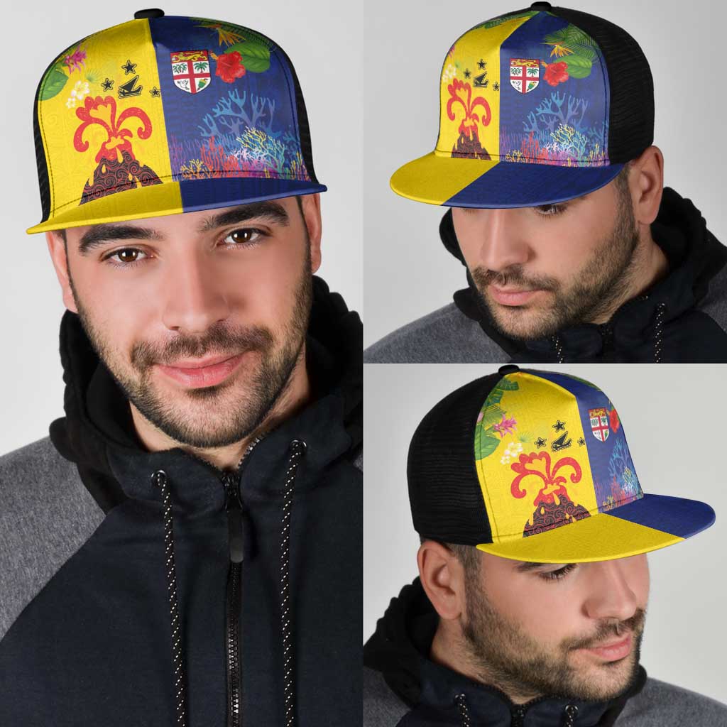 Malampa Fiji Day Mesh Trucker Cap Volcano and Coral Reef with Culture Patterns Split Style
