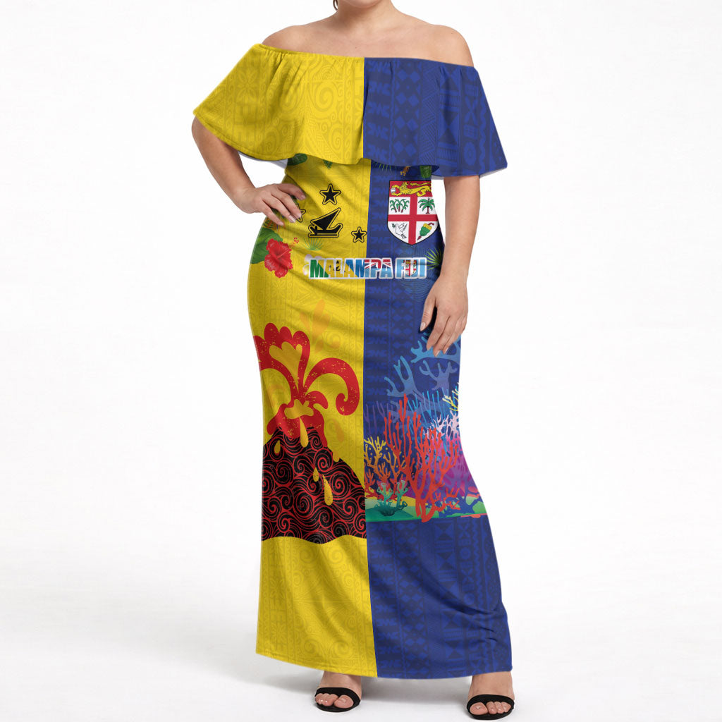 Malampa Fiji Day Off Shoulder Maxi Dress Volcano and Coral Reef with Culture Patterns Split Style