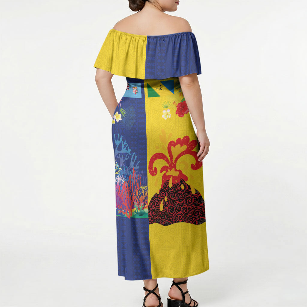 Malampa Fiji Day Off Shoulder Maxi Dress Volcano and Coral Reef with Culture Patterns Split Style