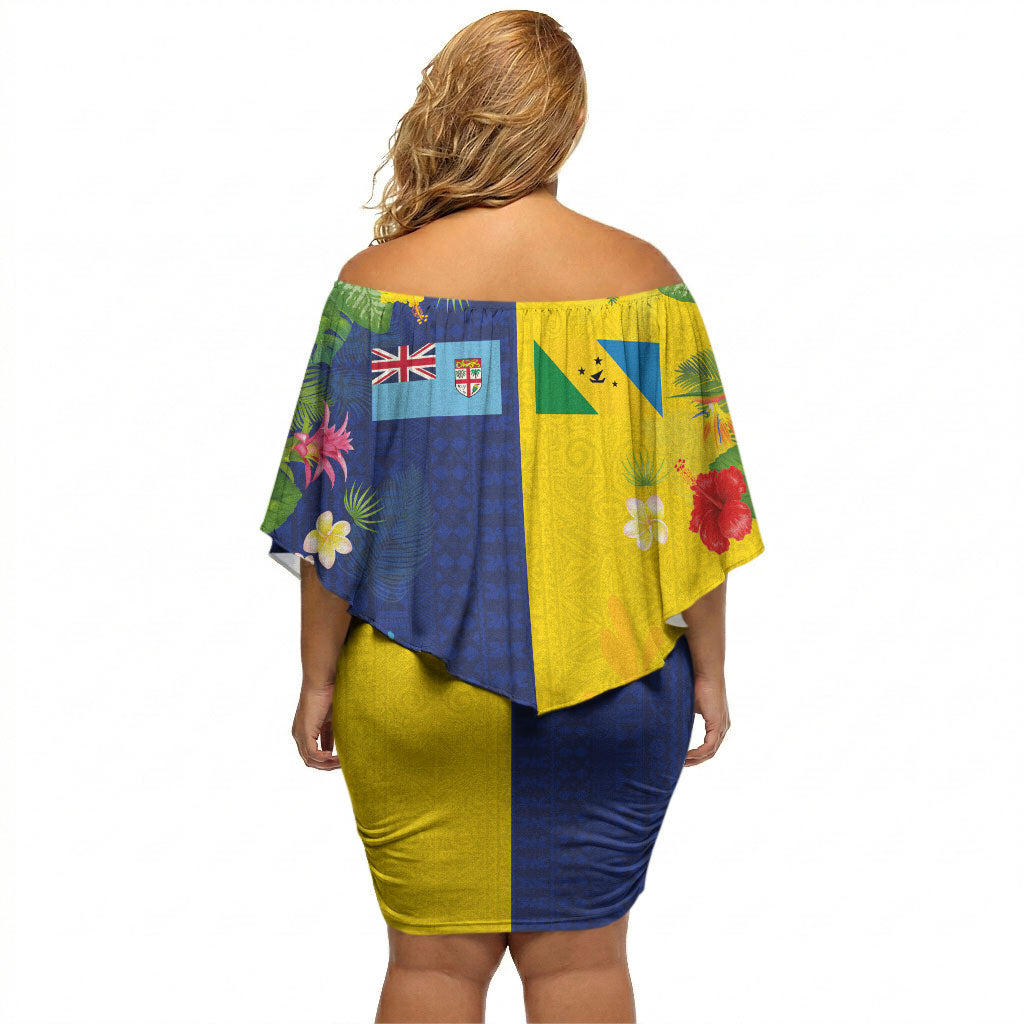 Malampa Fiji Day Off Shoulder Short Dress Volcano and Coral Reef with Culture Patterns Split Style