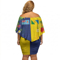 Malampa Fiji Day Off Shoulder Short Dress Volcano and Coral Reef with Culture Patterns Split Style