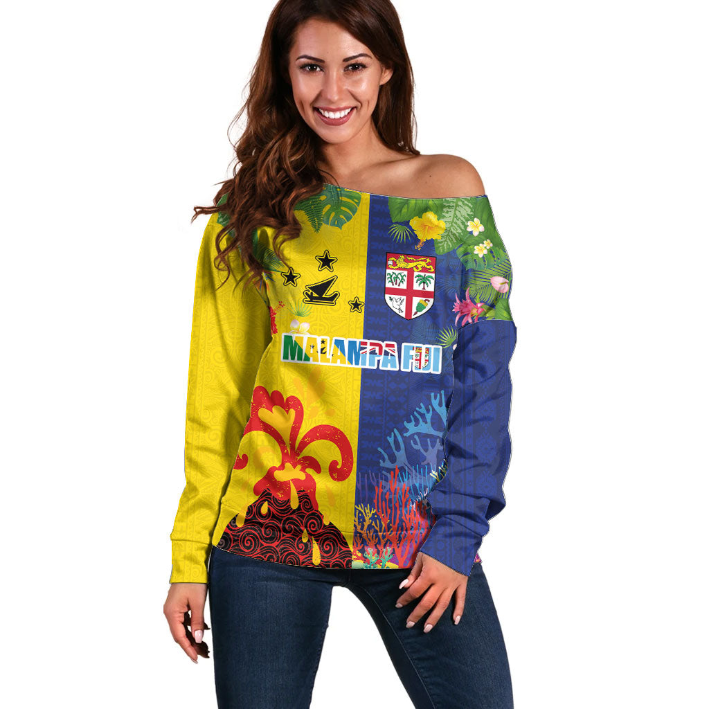 Malampa Fiji Day Off Shoulder Sweater Volcano and Coral Reef with Culture Patterns Split Style