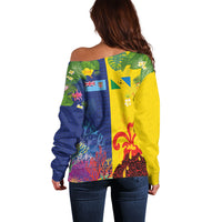 Malampa Fiji Day Off Shoulder Sweater Volcano and Coral Reef with Culture Patterns Split Style