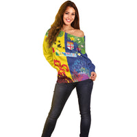 Malampa Fiji Day Off Shoulder Sweater Volcano and Coral Reef with Culture Patterns Split Style