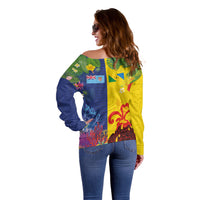 Malampa Fiji Day Off Shoulder Sweater Volcano and Coral Reef with Culture Patterns Split Style