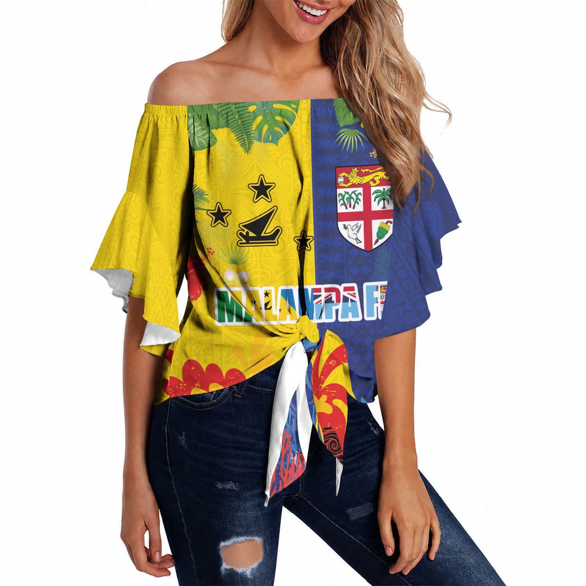 Malampa Fiji Day Off Shoulder Wrap Waist Top Volcano and Coral Reef with Culture Patterns Split Style