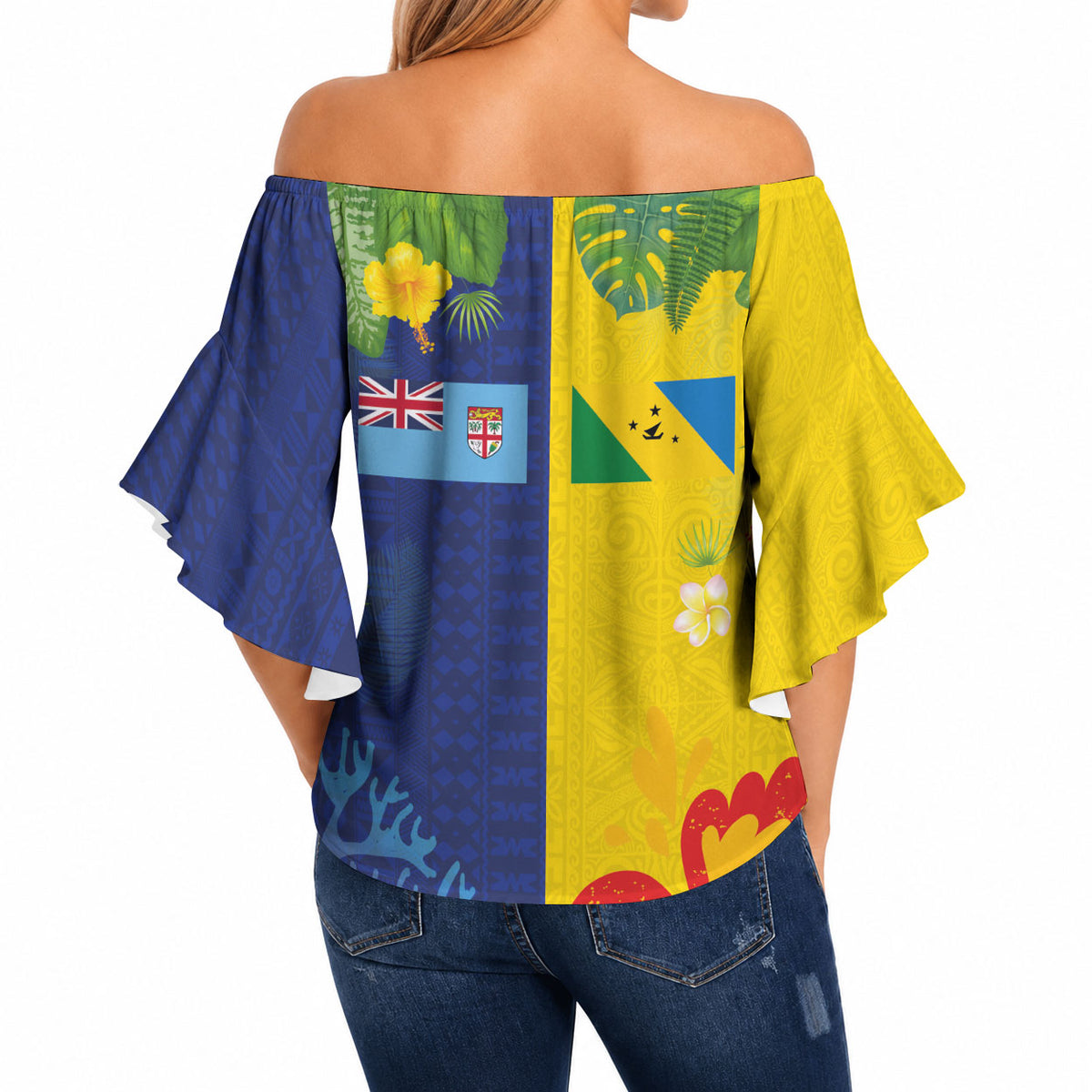 Malampa Fiji Day Off Shoulder Wrap Waist Top Volcano and Coral Reef with Culture Patterns Split Style